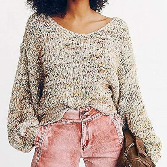 NWT Free People Highland Cable Knit Oversized V-Neck Mendocino Combo Sweater XS - Picture 2 of 13